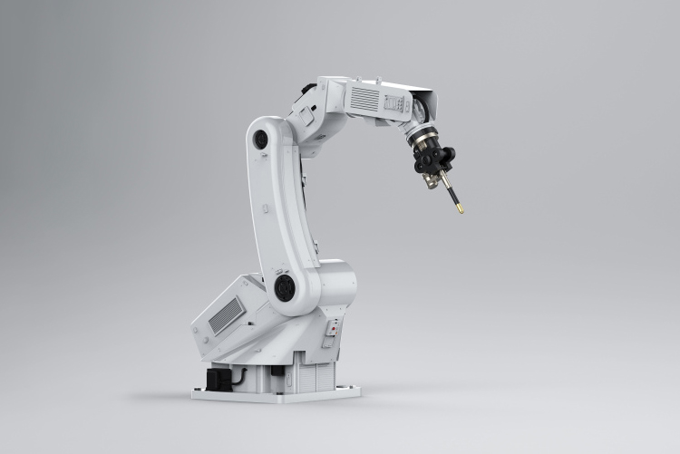 renderização 3D de soldagem de braços robóticos com espaço em branco no fundo branco
